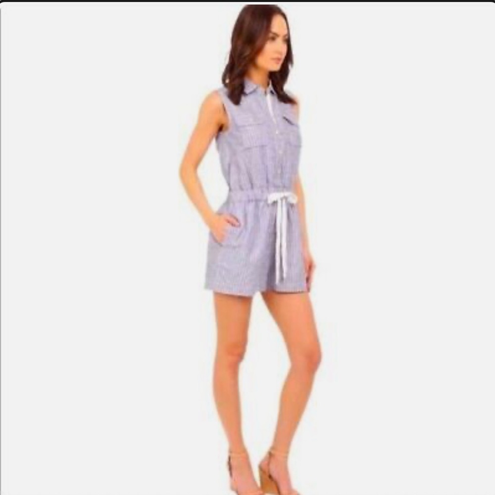 Kate Spade Linen Broom Street Blue Striped Sleeveless Romper
